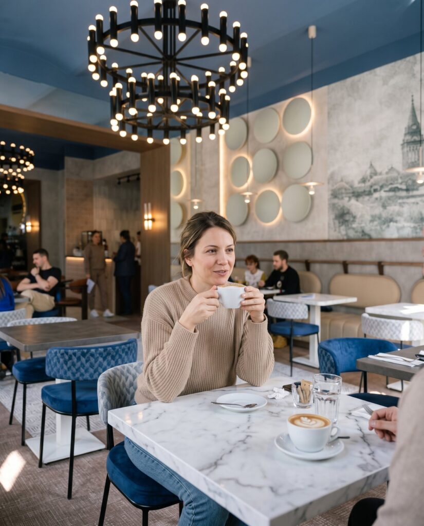 A guest enjoying morning coffee at Fabrika restaurant