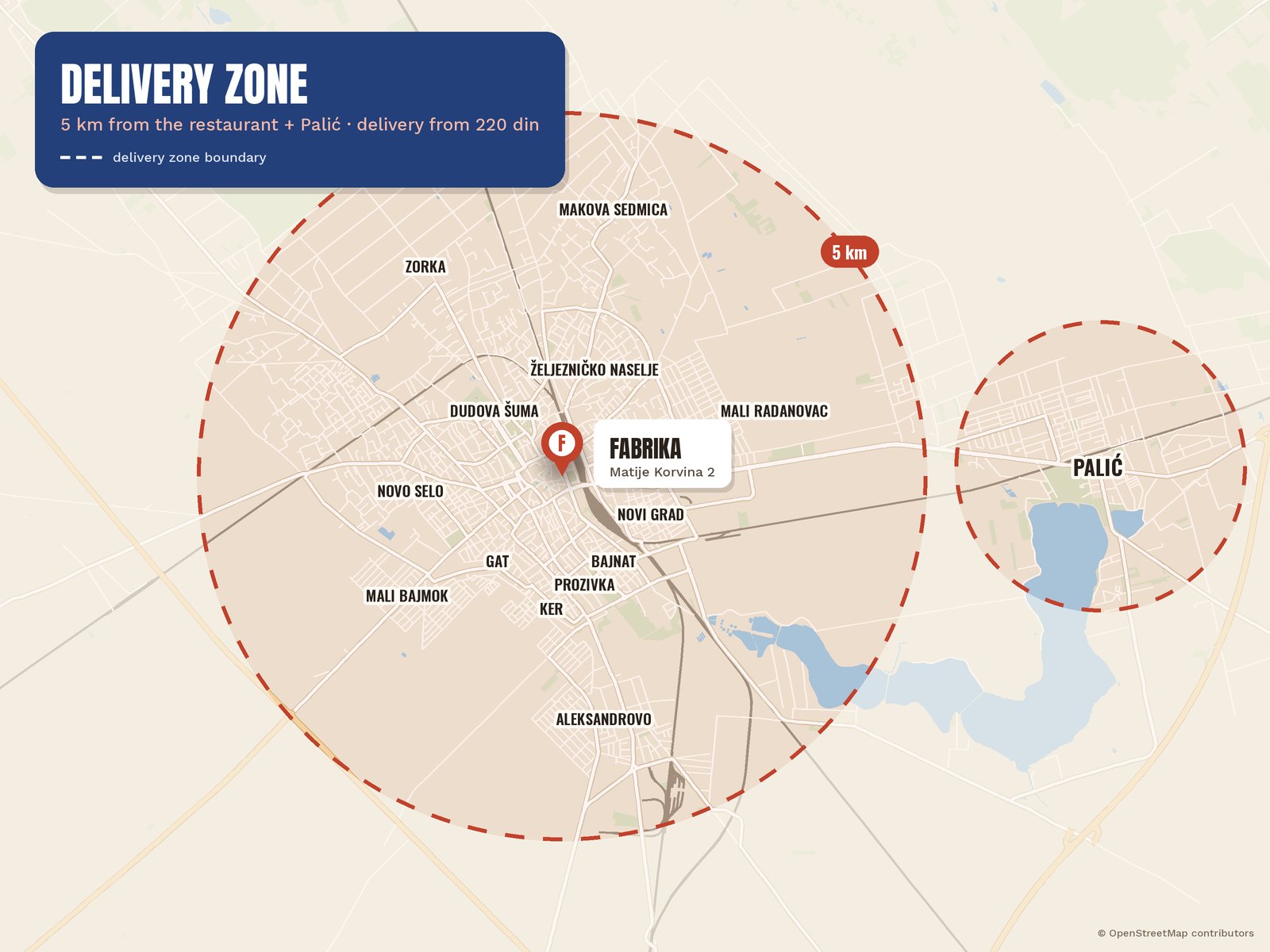 Fabrika delivery zone map: a 5 km circle around Matije Korvina 2, Subotica, plus Palić, with the neighbourhoods inside