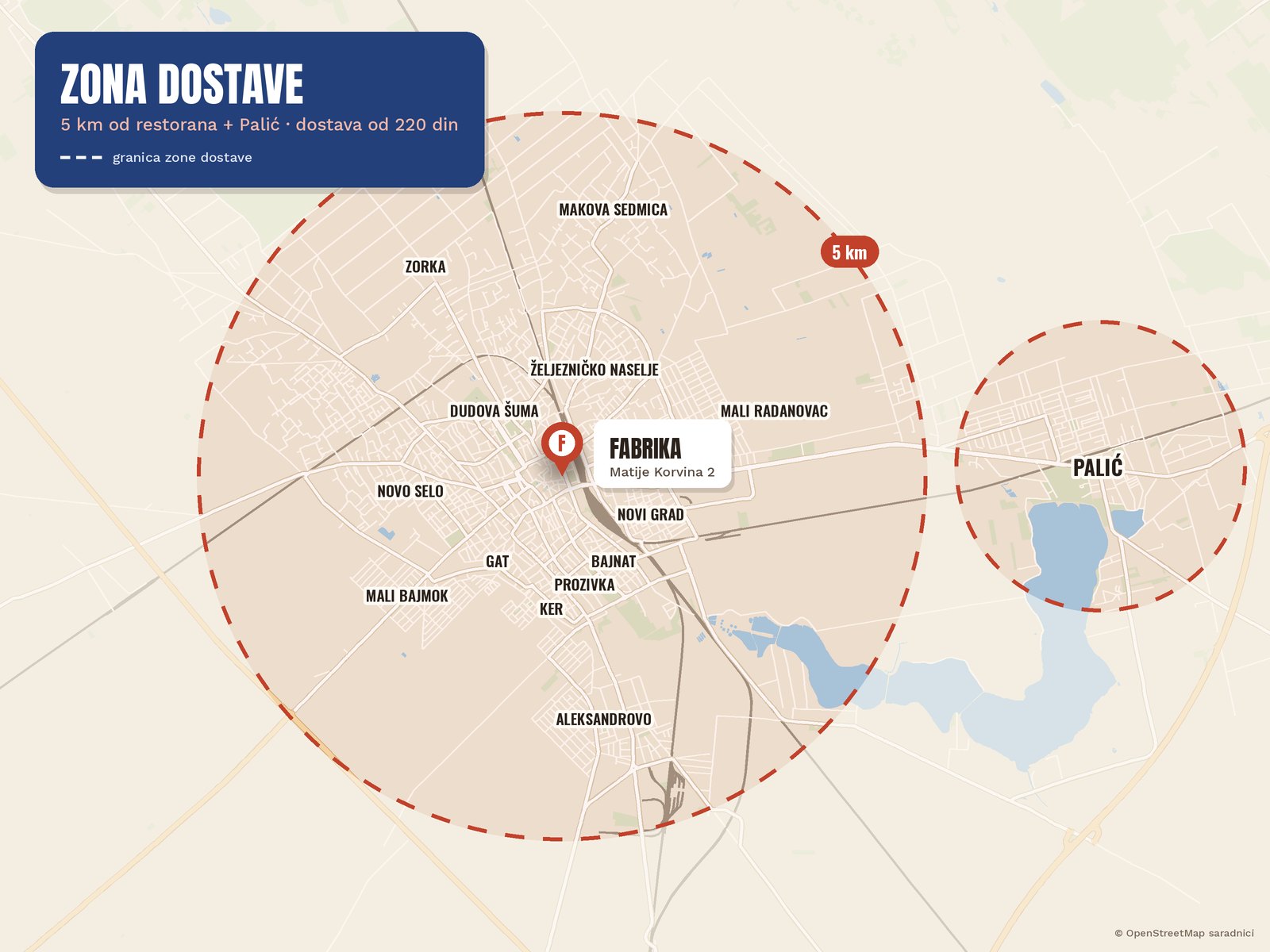 Mapa zone dostave Fabrike: krug od 5 km oko Matije Korvina 2 u Subotici i posebna zona Palić, sa nazivima naselja